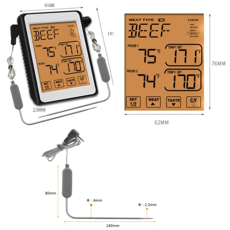 CH-212 Dual Probe Color Screen Smart Alarm Grill Kitchen Thermometer, Colorful Backlight, Orange Backlight