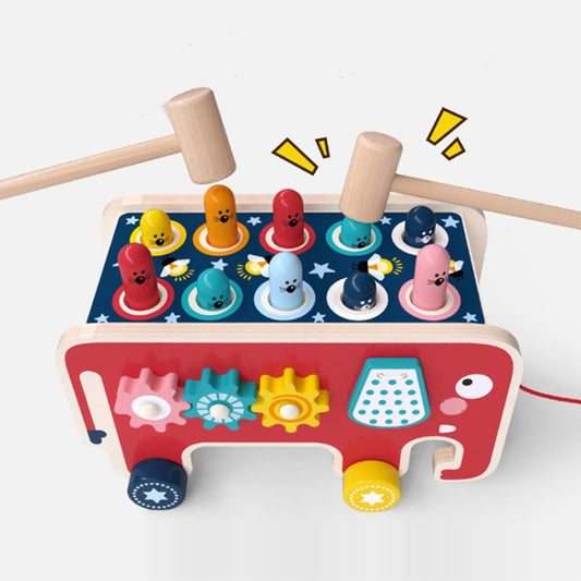 Baby Percussion Wooden Elephant Drag Cart Hitting Hamster Children Educational Toys, Red Elephant