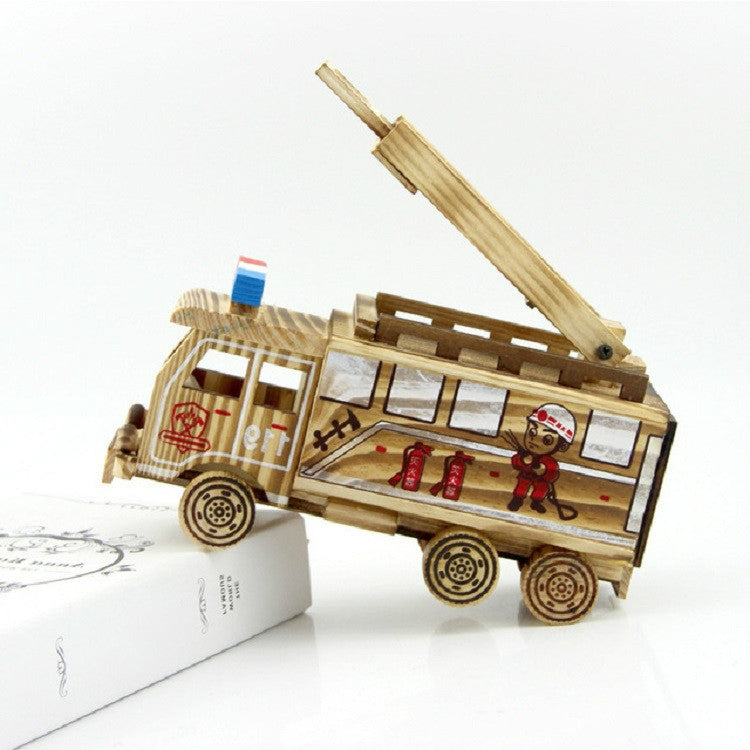 Simulation Fire Rescue Truck Creative Home Model Wooden Ornaments。, Fire Truck