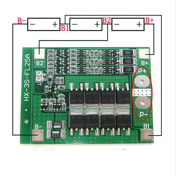 25A 11.1V-12.6V Over-Current Over-Charge Protection Board with Equalization for 18650 Lithium Battery, 3 S 12V 25A