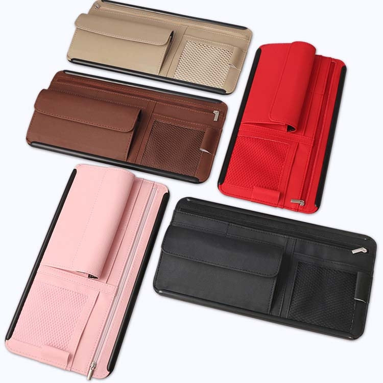 Car Sun Block Glasses Case Document Holder Car Plastic Frame Zipper Type Multi-Function Card Bag Storage Bag, Red, Beige, Pink, Brown, Black