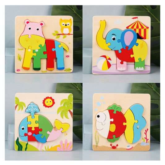 4 PCS / Sets Of Children Early Education Three-Dimensional Wooden Animal Puzzle Toys, Tiger + Kitten + Submarine + Ambulance, Elephant + Hippo + Whale + Ocean Fish, Panda + Bear + Rocket + Ship, Duck + Dragonfly + Rhino + Pony