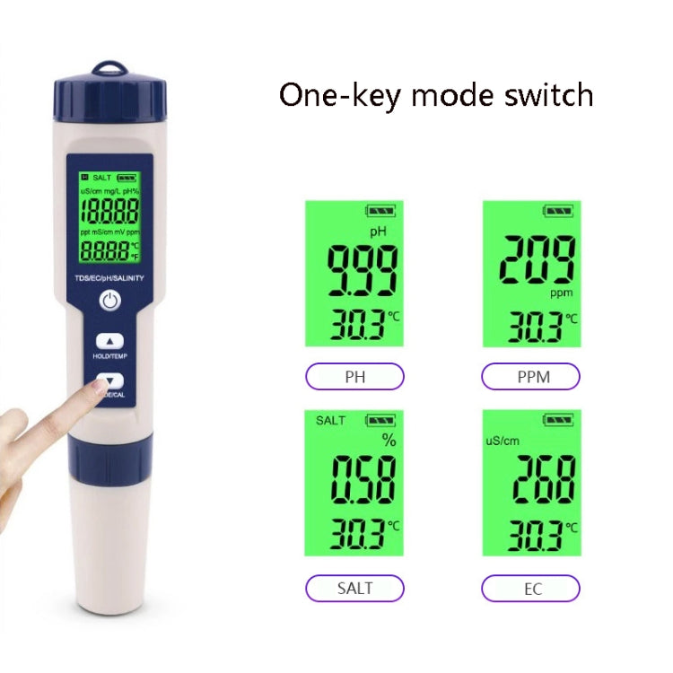 EZ-9909 PH/Salinity/Temperature/TDS/EC 5-in-1 Test Pen Multifunctional Water Quality Detector, 5-in-1 Test Pen
