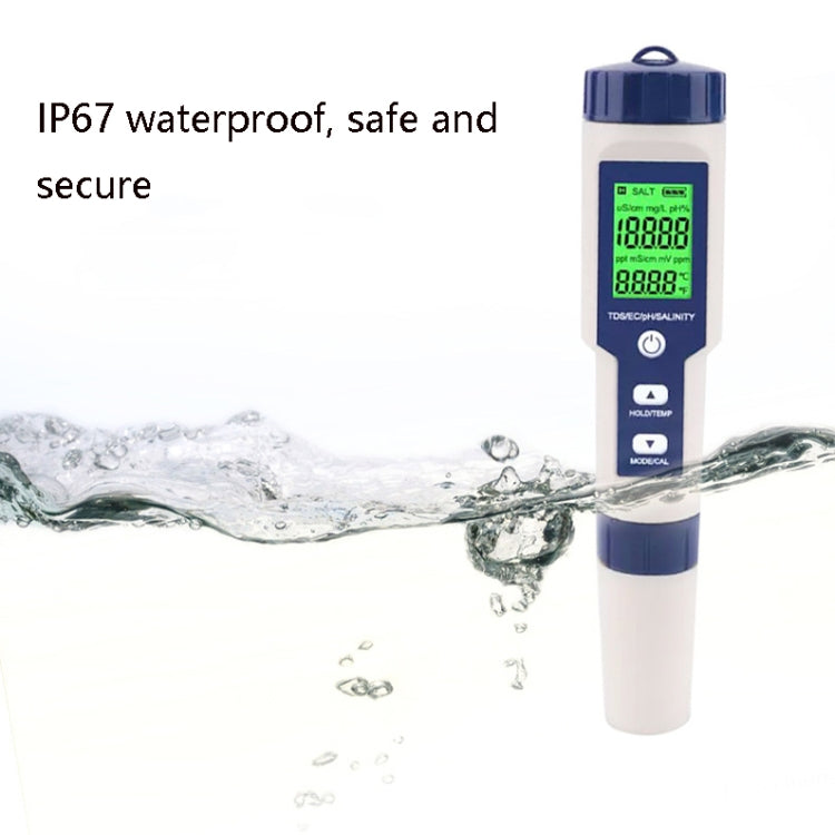 EZ-9909 PH/Salinity/Temperature/TDS/EC 5-in-1 Test Pen Multifunctional Water Quality Detector, 5-in-1 Test Pen