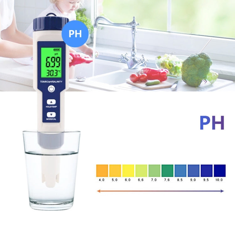 EZ-9909 PH/Salinity/Temperature/TDS/EC 5-in-1 Test Pen Multifunctional Water Quality Detector, 5-in-1 Test Pen