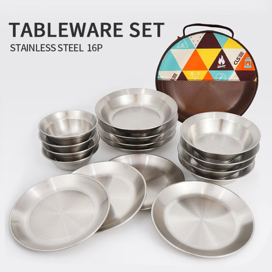 CLS Outdoor Stainless Steel Tableware Portable Camping Dinner Bowl Plate Kit, 16 PCS / Set
