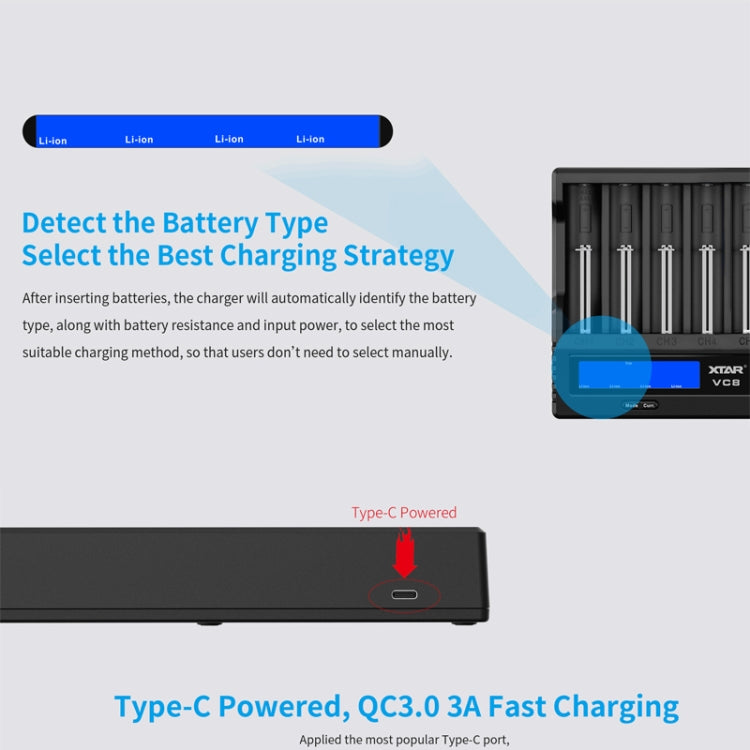 XTAR 8-Slot Battery Charger LCD Display Charger QC3.0 Type C Fast Charger for 21700 / 18650 Battery, VC8