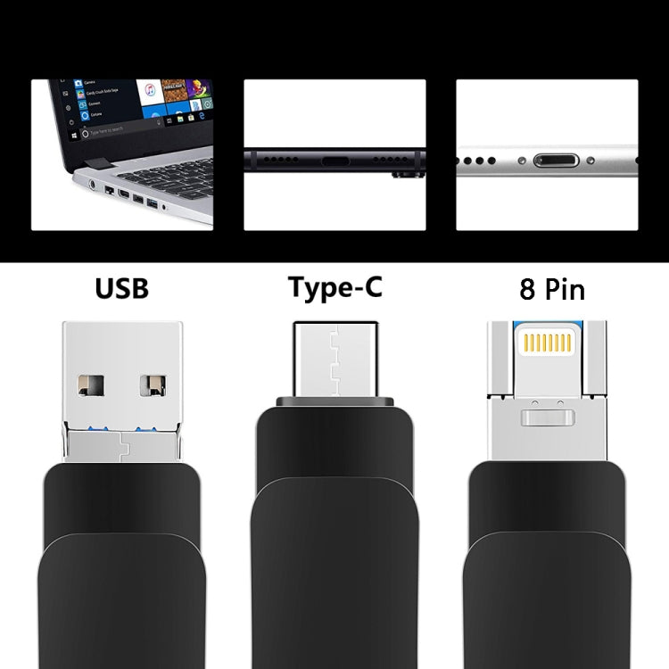 USB 3.0 + 8 Pin + USB-C / Type-C 3 in 1 Mobile Computer Metal U-Disk, 16GB, 32GB, 64GB, 8GB