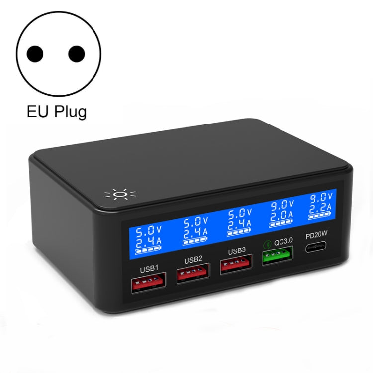 618 QC3.0 + PD20W + 3 x USB Ports Charger with Smart LCD Display,, EU Plug (Black), US Plug (Black), AU Plug (Black), UK Plug (Black), EU Plug (White), US Plug (White), AU Plug (White), UK Plug (White)