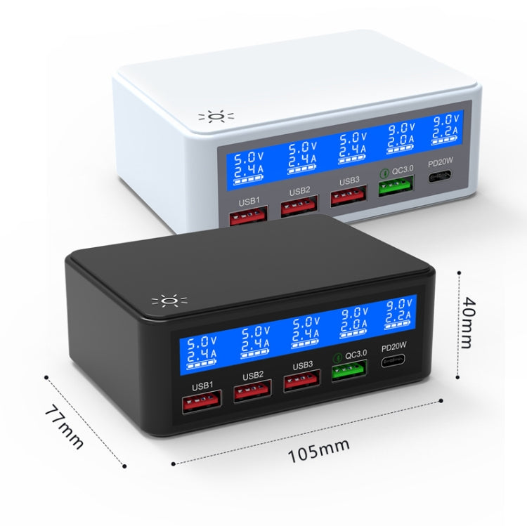 618 QC3.0 + PD20W + 3 x USB Ports Charger with Smart LCD Display,, EU Plug (Black), US Plug (Black), AU Plug (Black), UK Plug (Black), EU Plug (White), US Plug (White), AU Plug (White), UK Plug (White)