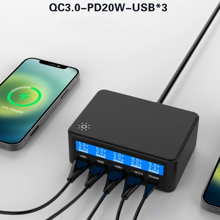 618 QC3.0 + PD20W + 3 x USB Ports Charger with Smart LCD Display,, EU Plug (Black), US Plug (Black), AU Plug (Black), UK Plug (Black), EU Plug (White), US Plug (White), AU Plug (White), UK Plug (White)