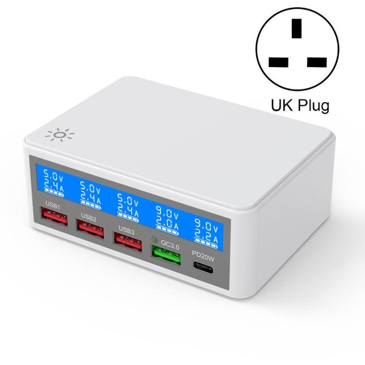 618 QC3.0 + PD20W + 3 x USB Ports Charger with Smart LCD Display,, EU Plug (Black), US Plug (Black), AU Plug (Black), UK Plug (Black), EU Plug (White), US Plug (White), AU Plug (White), UK Plug (White)