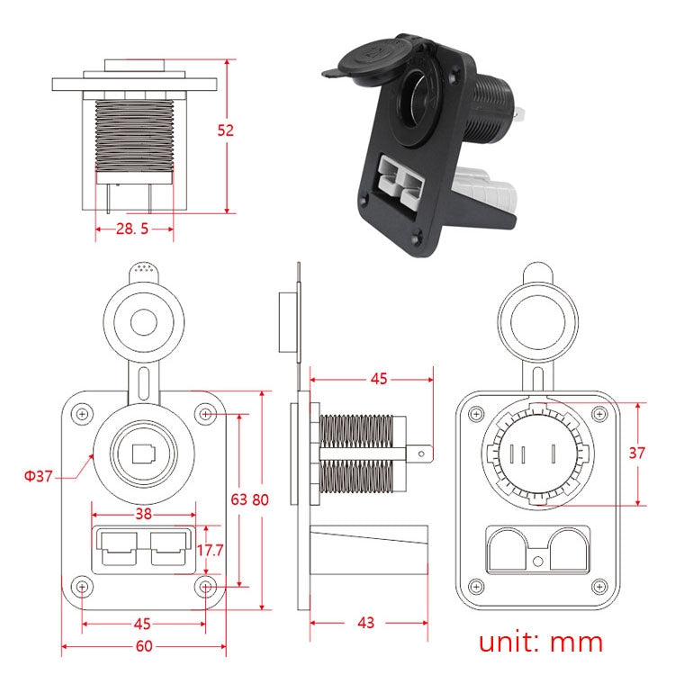 Andersen Panel Large Current Plug With 12V Cigarette Lighter Panel Combination, PA5403