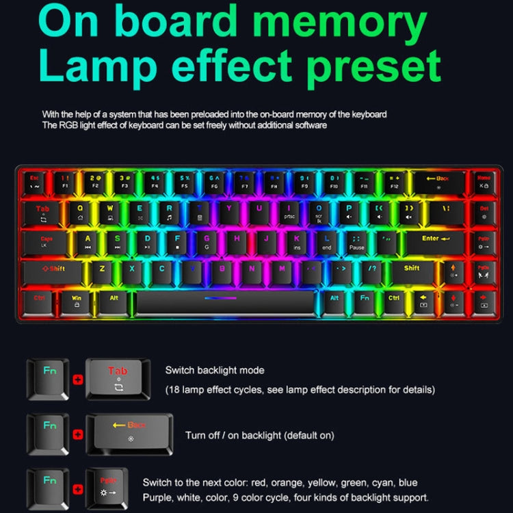 ZIYOU LANG T8 68 Keys RGB Luminous Gaming Mechanical Keyboard, Cable Length:1.6m, T8 White Green Shaft, T8 White Red Shaft, T8 Blue Green Shaft, T8 Pink Green Shaft, T8 Purple Green Shaft, T8 Black Green Shaft, T8 Black Tea Shaft