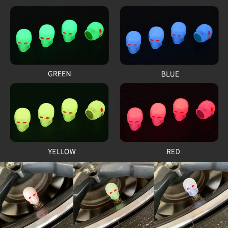 1 Sets Car Tire Luminous Valve Cap Motorcycle Skull Valve Core Cap, 1 Set Green, 1 Set Yellow, 1 Set Red, 1 Set Blue
