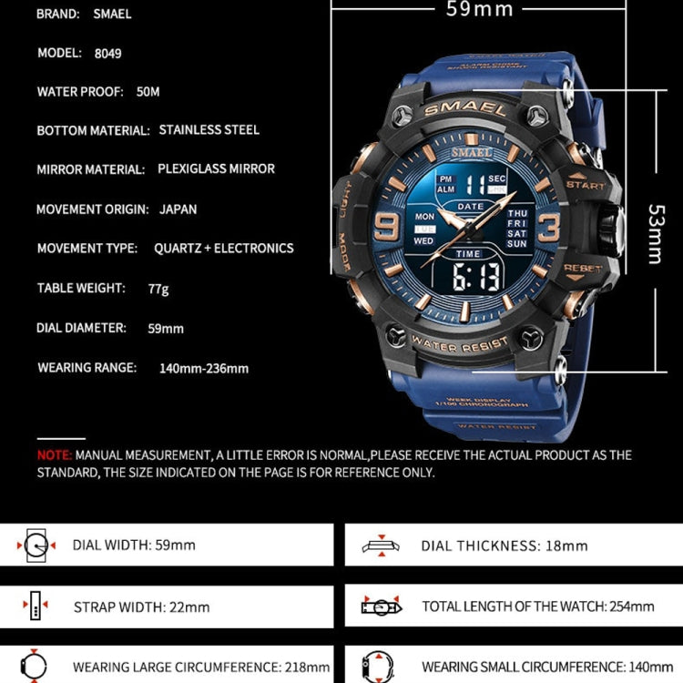 SMAEL 8049 Montre Sportive Étanche Homme Montre Électronique Multifonction Veilleuse