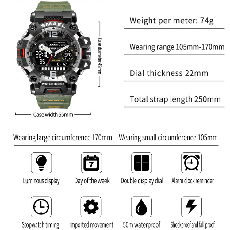 Montre Électronique Multifonctionnelle d'Extérieur en Alliage SMAEL 8072 pour Homme Montre Étanche à Double Affichage