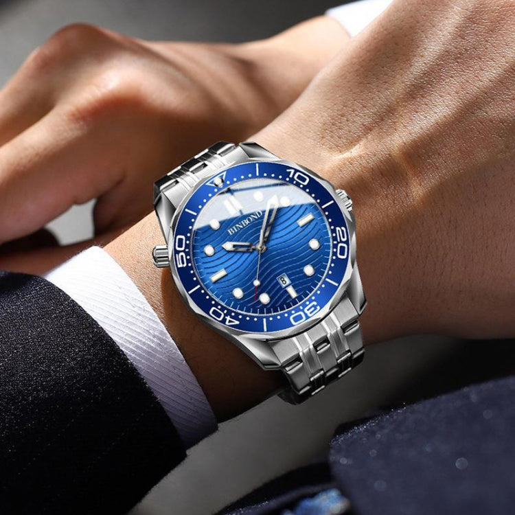 Montre à quartz sport BINBOND B2820 lumineuse et étanche 30 m pour homme, surface noire inter-or, surface bleue inter-or, bracelet en silicone bleu et acier blanc bleu