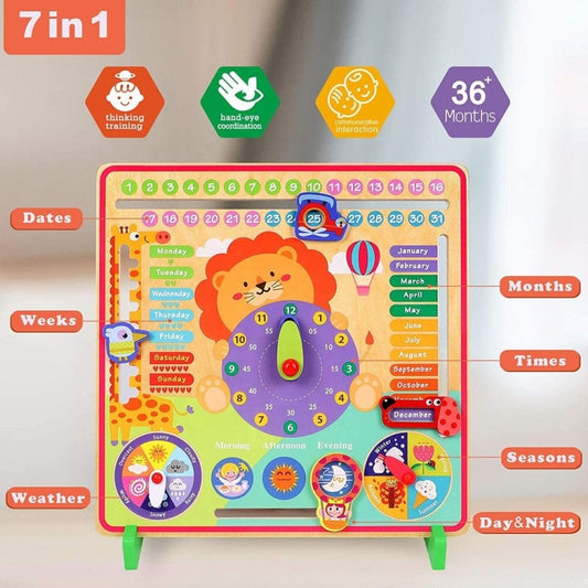 7 In 1 Kids Calendar & Teaching Clock Educational Toys, Lion