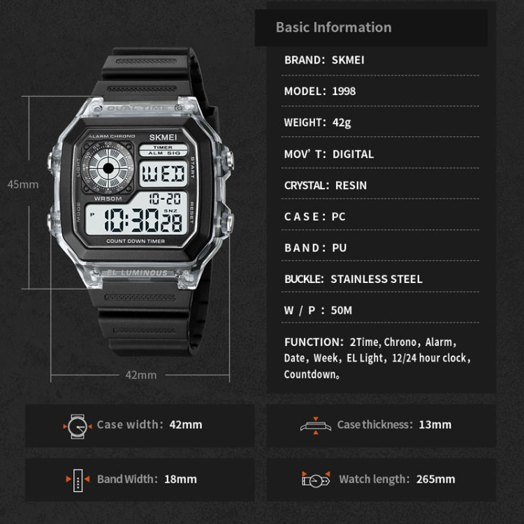 SKMEI 1998 Transparent Shell Ice Sensor Outdoor Sports Waterproof Multi-function Watch, 1998 Blue, 1998 White, 1998 Purple, 1998 Black