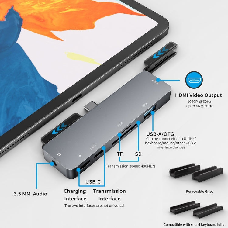 For IPad Pro 7-In-1 HDMI 4K + 3.5mm Audio + SD/TF+ 1 USB 3.0 + USB-C/Type-C + PD USB-C Docking Station, For IPad Pro 7-In-1