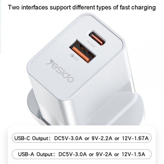 Yesido YC32PD20W + QC3.0 Dual-port Fast Charging Head Mobile Phone Charger, YC32 EU Plug