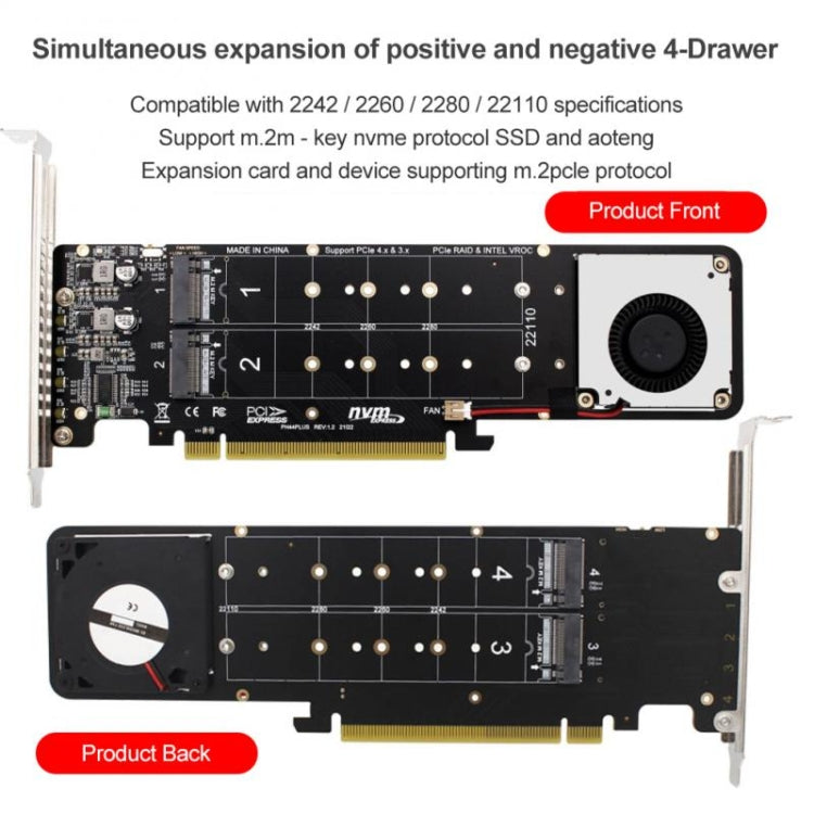 Adaptador de expansión de matriz RAID PCI-E X16 a M.2 M-key NVME X4 SSD compatible con 2242/2260/2280/22110, PH44Plus