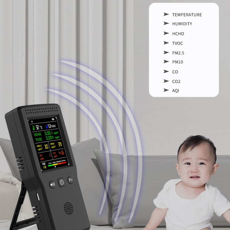 9 In 1 Air Quality Detector Handheld High Precision Formaldehyde Detector, White, Black