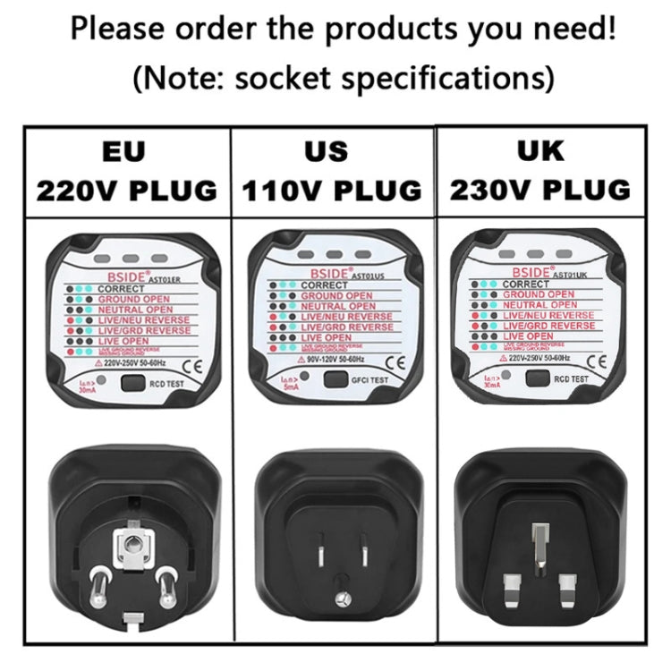 BSIDE AST01 Plug Power Tester Electrical Socket Detector, US Plug, EU Plug, UK Plug