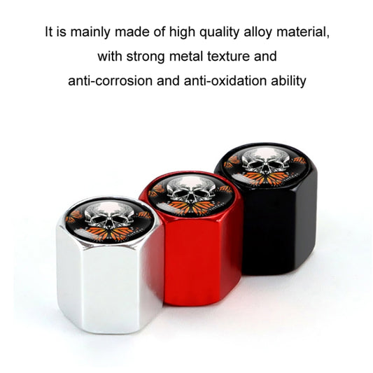 4pcs/set Skull Metal Car Tire Universal Modified Aluminum Alloy Valve Cap, Black, Silver, Red