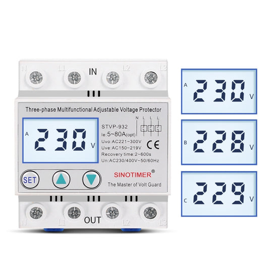 3-phase 380V LCD Self-resetting Adjustable Surge Voltage Protector, SINOTIMER STVP-932 40A, SINOTIMER STVP-932 50A, SINOTIMER STVP-932 63A, SINOTIMER STVP-932 80A