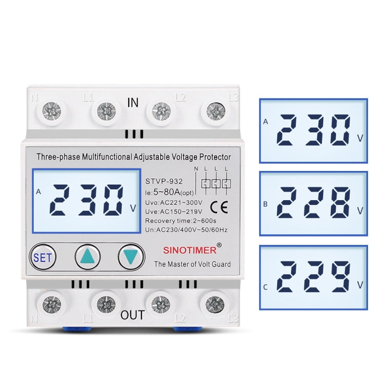 3-phase 380V LCD Self-resetting Adjustable Surge Voltage Protector, SINOTIMER STVP-932 40A, SINOTIMER STVP-932 50A, SINOTIMER STVP-932 63A, SINOTIMER STVP-932 80A