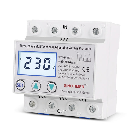 3-phase 380V LCD Self-resetting Adjustable Surge Voltage Protector, SINOTIMER STVP-932 40A, SINOTIMER STVP-932 50A, SINOTIMER STVP-932 63A, SINOTIMER STVP-932 80A