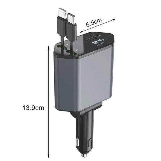 Chargeur rapide de voiture multifonctionnel 4-en-1 120W USB rétractable à double ligne avec affichage numérique