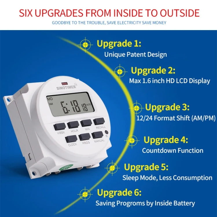 7 Days Weekly Programmable Digital Electronic Timer Switch, SINOTIMER TM618N-1 110V, SINOTIMER TM618N-2 220V, SINOTIMER TM618N-3 24V, SINOTIMER TM618N-4 12V, SINOTIMER TM618N-6V