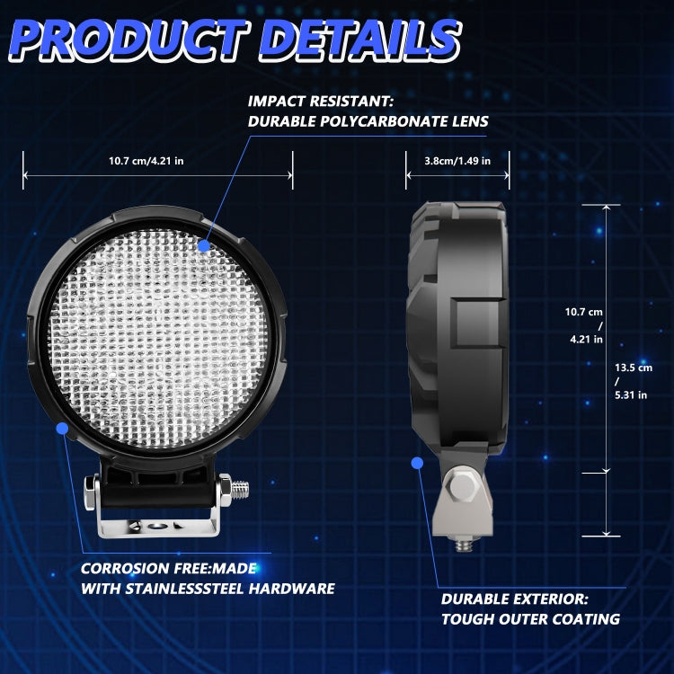14W 9-30V Floodlight Mixed Luminous 4 Inch Round Work Light With Wire Set, X2 Round