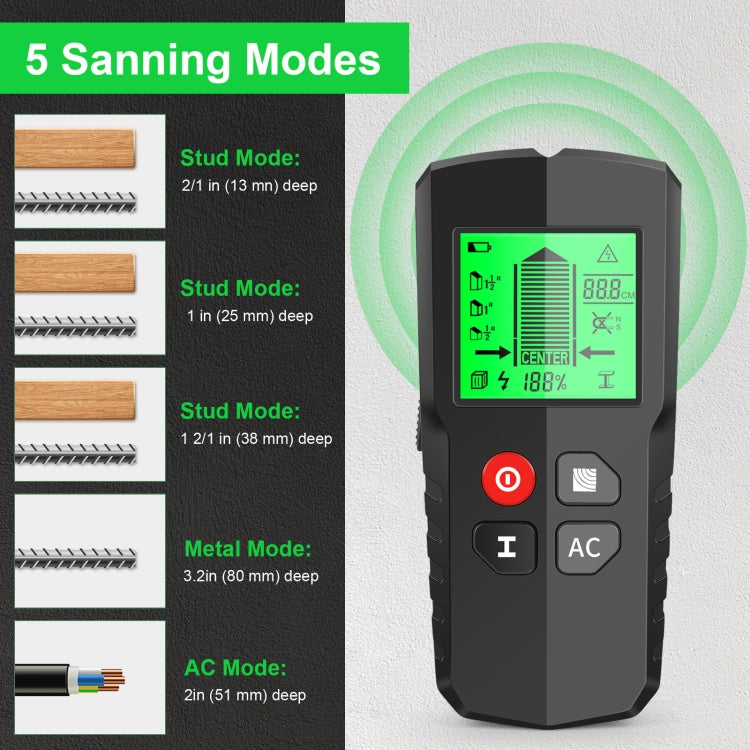 HW-QB5 5-In-1 Wall Stud Detector Wood Current Metal AC Wires Detection, HW-QB5