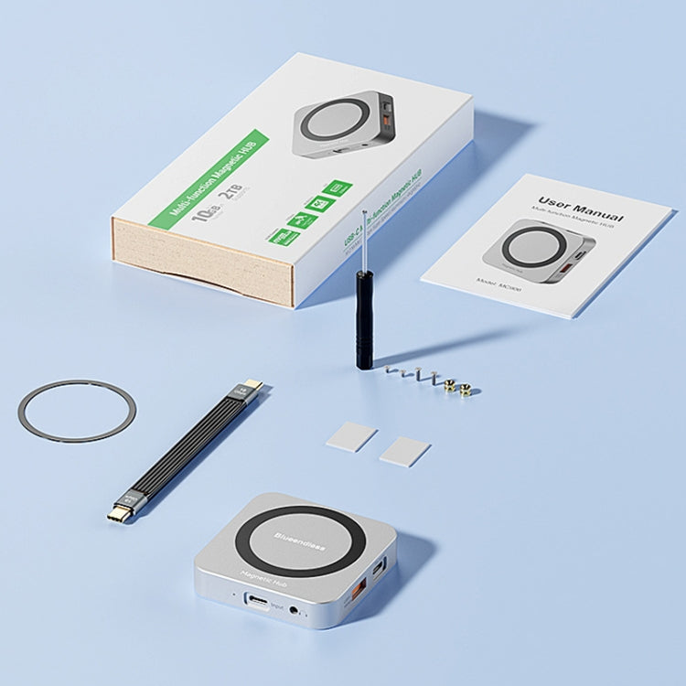 Blueendless 8-In-1 Magnetic HUB With M.2 NVMe/SATA SSD Enclosure (HDMI+PD100W+USB-C/Type-C 3.2+USB-A 3.2+SD+TF+AUX)