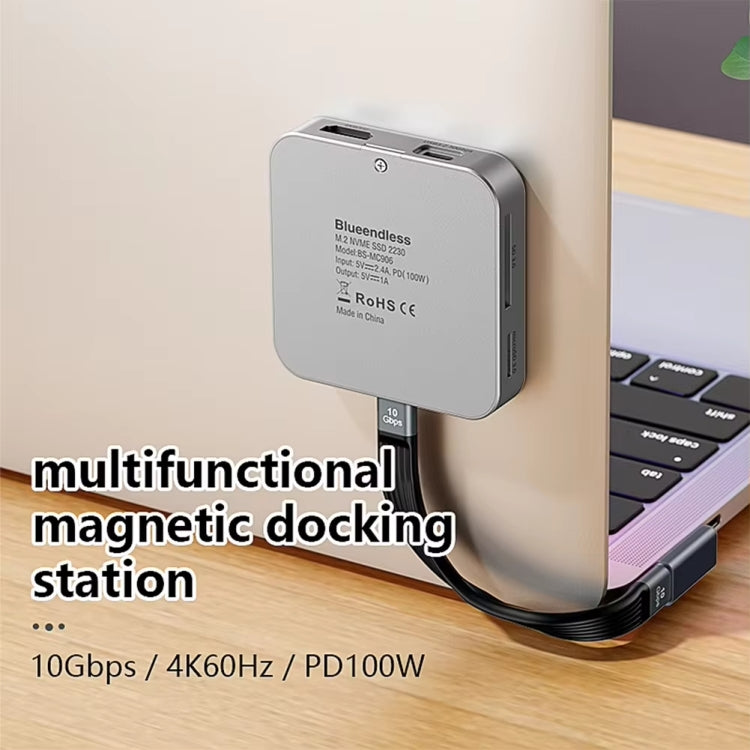 Blueendless 8-In-1 Magnetic HUB With M.2 NVMe/SATA SSD Enclosure (HDMI+PD100W+USB-C/Type-C 3.2+USB-A 3.2+SD+TF+AUX), MC906