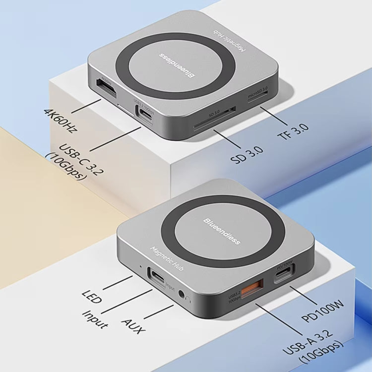 Blueendless 8-In-1 Magnetic HUB With M.2 NVMe/SATA SSD Enclosure (HDMI+PD100W+USB-C/Type-C 3.2+USB-A 3.2+SD+TF+AUX), MC906