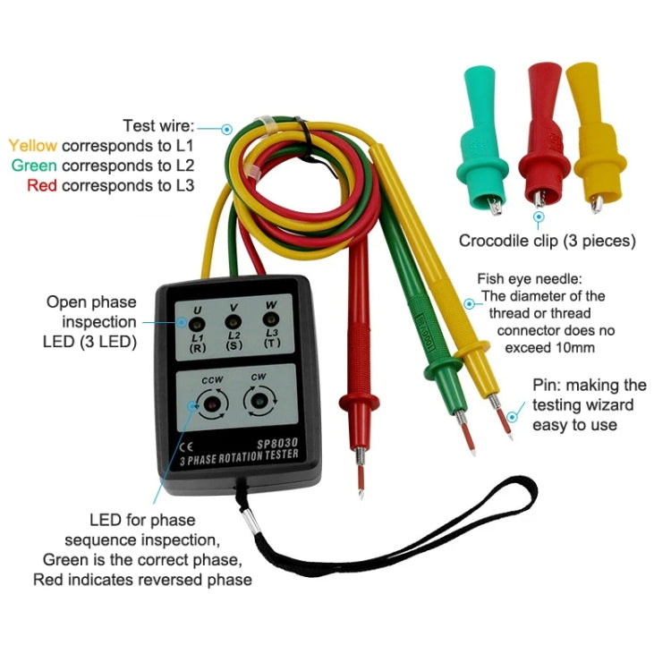 3 Phase Alternating Current Phase Meter Phase Detector Rotation Tester Indicator Digital Phase-Order Indicator, SP8030