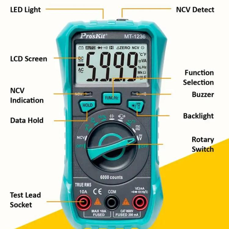 ProsKit MT-1236-C 3-5/6 True-RMS Digital Multimeter For ACA, ACV, DCA, DCV, Frequency, Cycle Duty, Diode Test