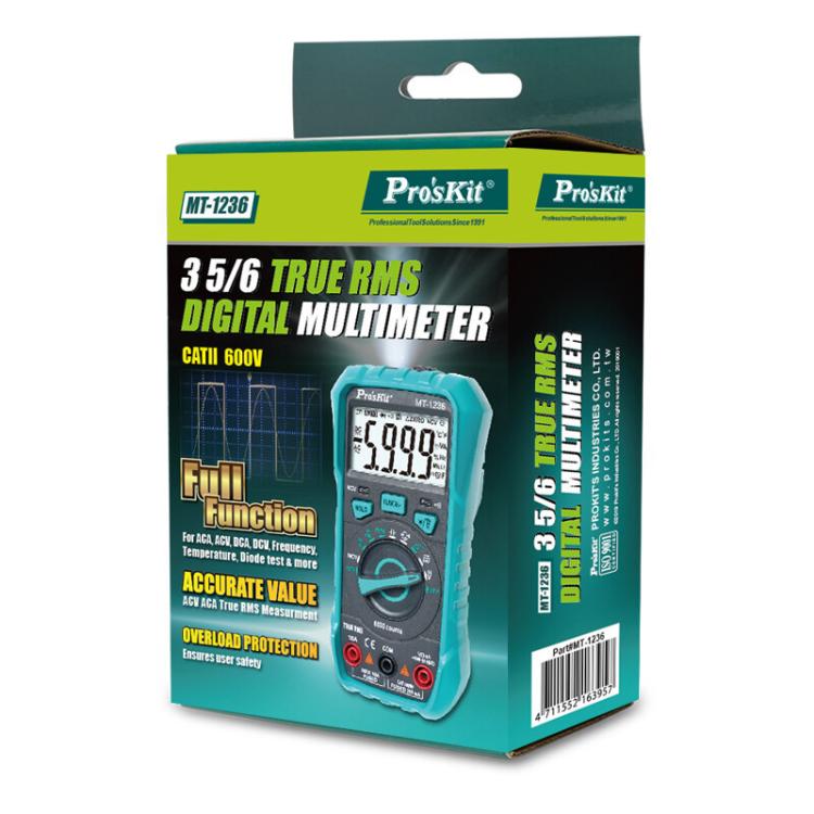ProsKit MT-1236-C 3-5/6 True-RMS Digital Multimeter For ACA, ACV, DCA, DCV, Frequency, Cycle Duty, Diode Test