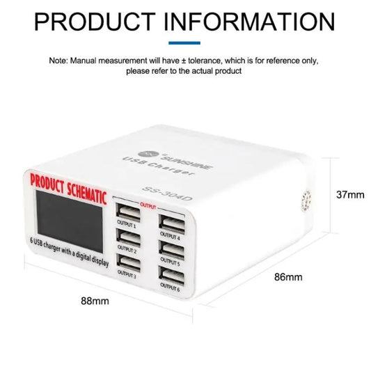 SUNSHINE SS-304D 6-Port USB Smart Charger Multi-Port Digital Display Fast Charging For Mobile Phone, US Plug, EU Plug