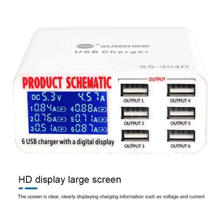 SUNSHINE SS-304D 6-Port USB Smart Charger Multi-Port Digital Display Fast Charging For Mobile Phone, US Plug, EU Plug