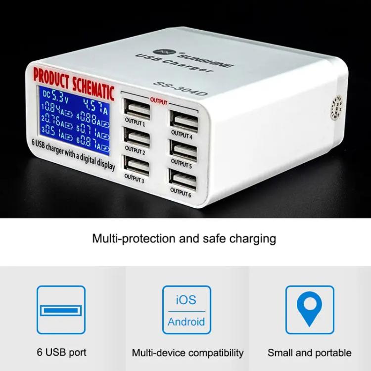 SUNSHINE SS-304D 6-Port USB Smart Charger Multi-Port Digital Display Fast Charging For Mobile Phone, US Plug, EU Plug