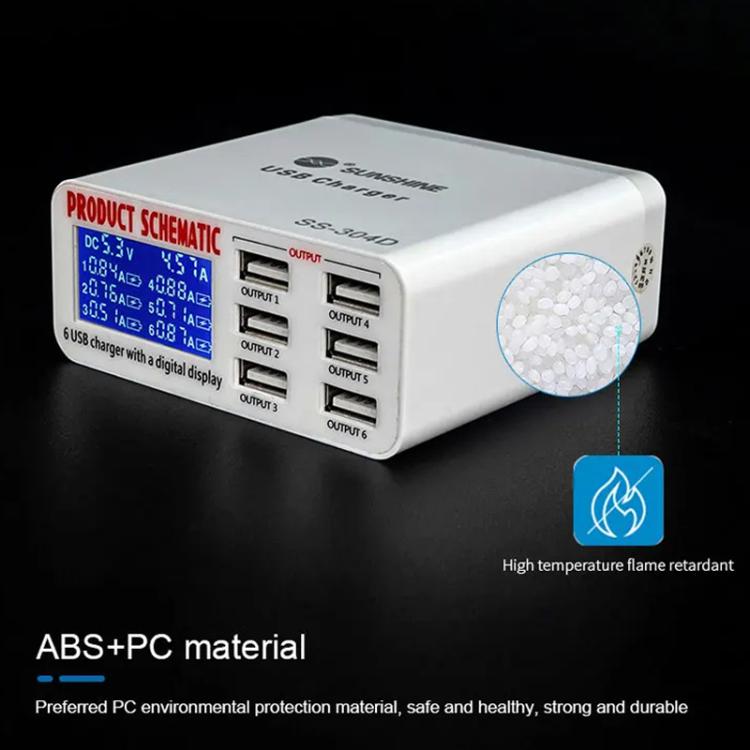 SUNSHINE SS-304D 6-Port USB Smart Charger Multi-Port Digital Display Fast Charging For Mobile Phone, US Plug, EU Plug