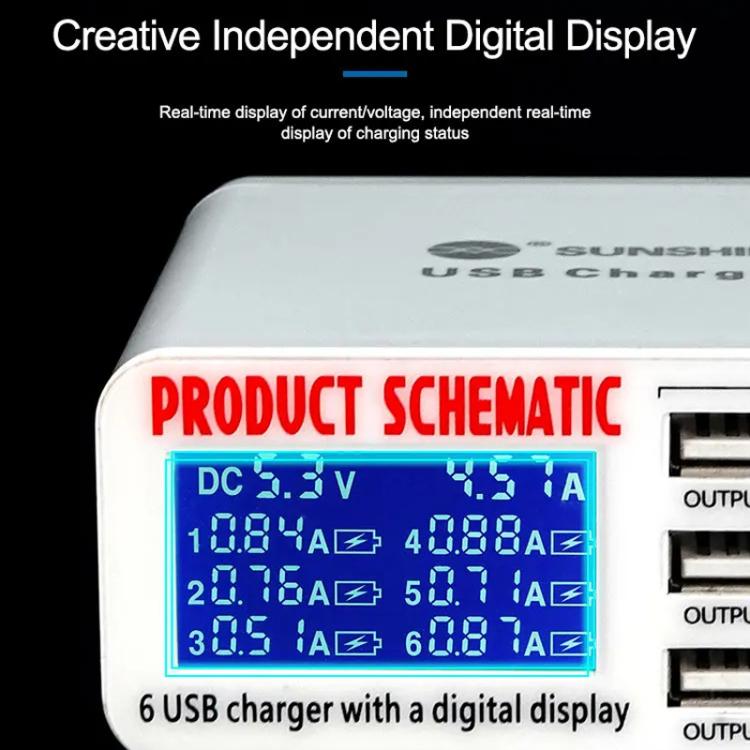 SUNSHINE SS-304D 6-Port USB Smart Charger Multi-Port Digital Display Fast Charging For Mobile Phone, US Plug, EU Plug