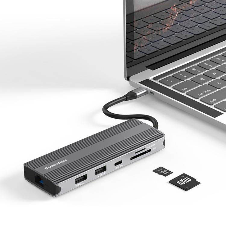 Station d'accueil multifonction Blueendless Type-C HD Gigabit avec réseau, 10-en-1 DP+HDMI double 8K, 10-en-1 double HDMI 8K+4K