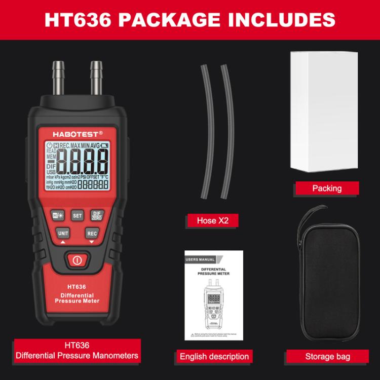 HABOTEST HT636 Highly Precision Differential Pressure Gauge Digital Micropressure Tester, HT636